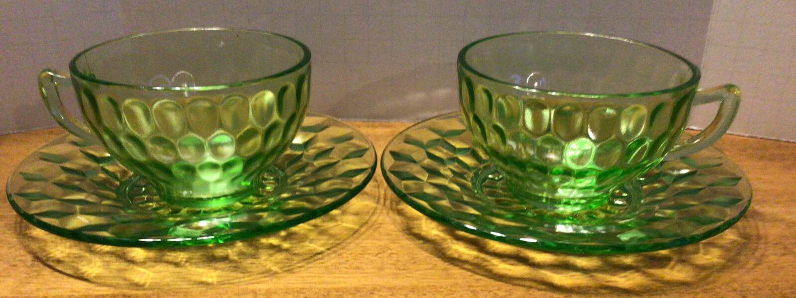 2 Antique Depression Glass Tea Cups And Saucers, Uv Reactive, Perfect