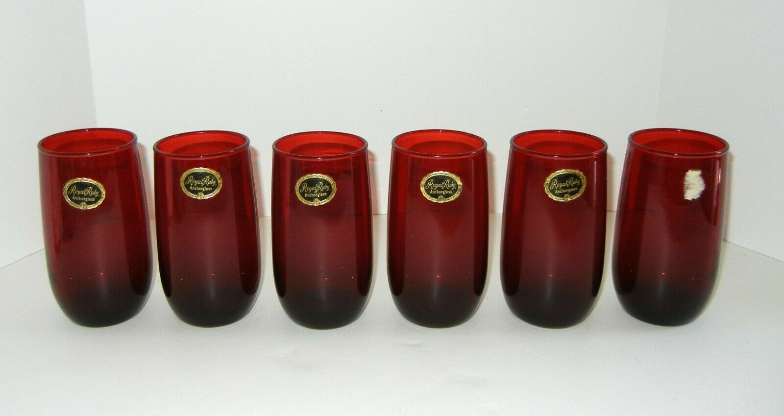 Six Royal Ruby Roly Poly 5" Tumblers Stickers Flat Iced Tea Glasses Anchor Hocki