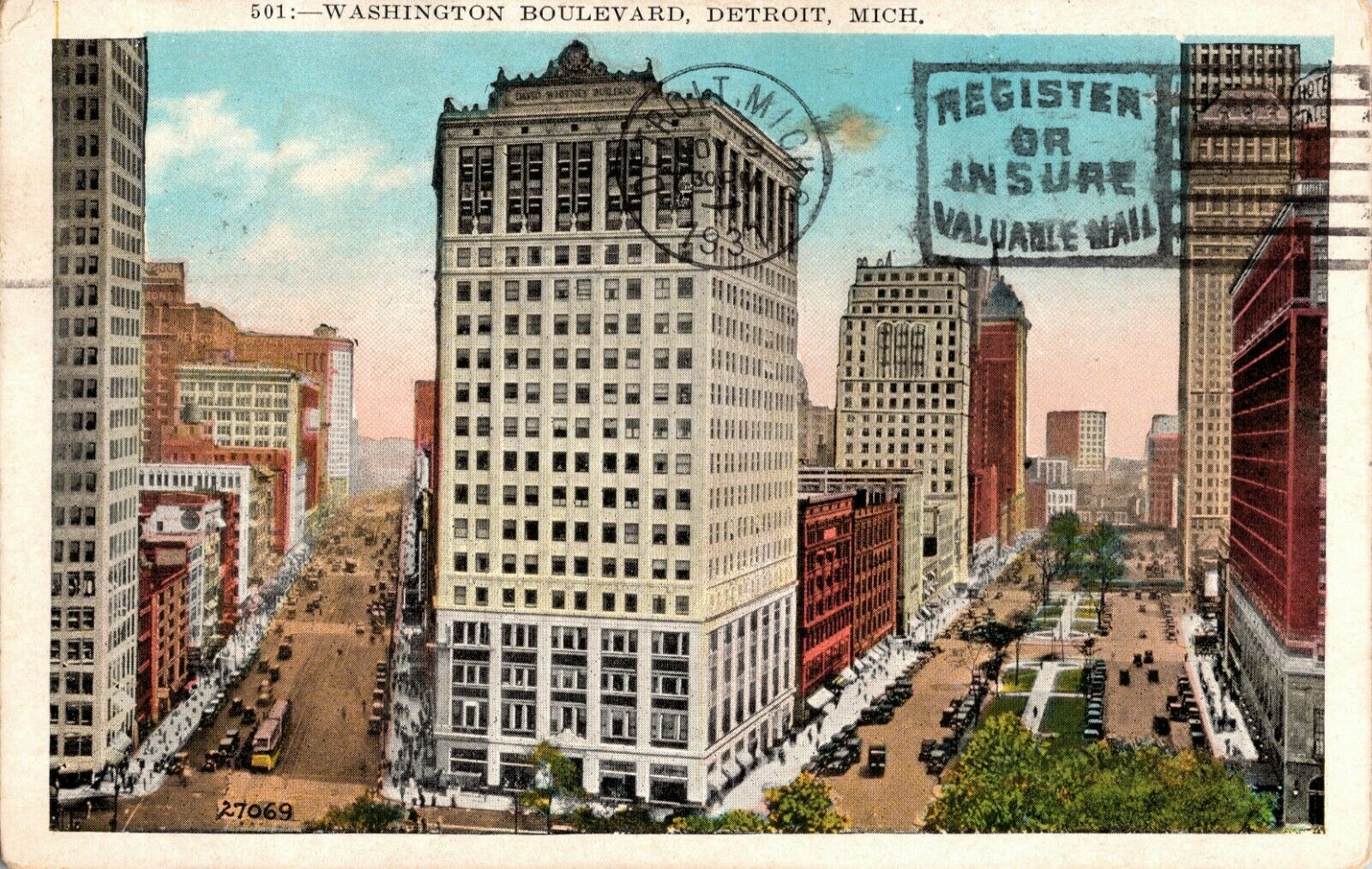 Detroit Mi Washington Boulevard, Street View, Trolley, Cars, Michigan Postcard