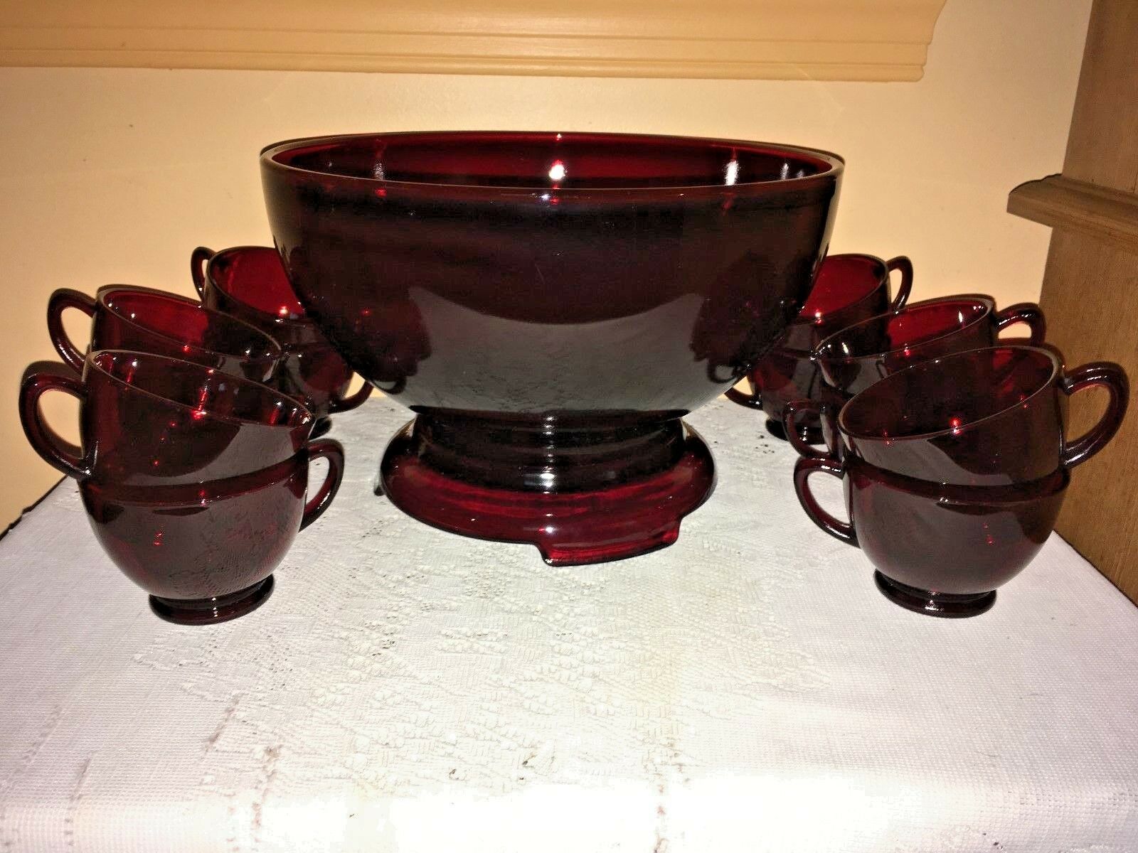 Vintage Royal Ruby Anchor Hocking Punch Bowl, Stand, And 12 Cups