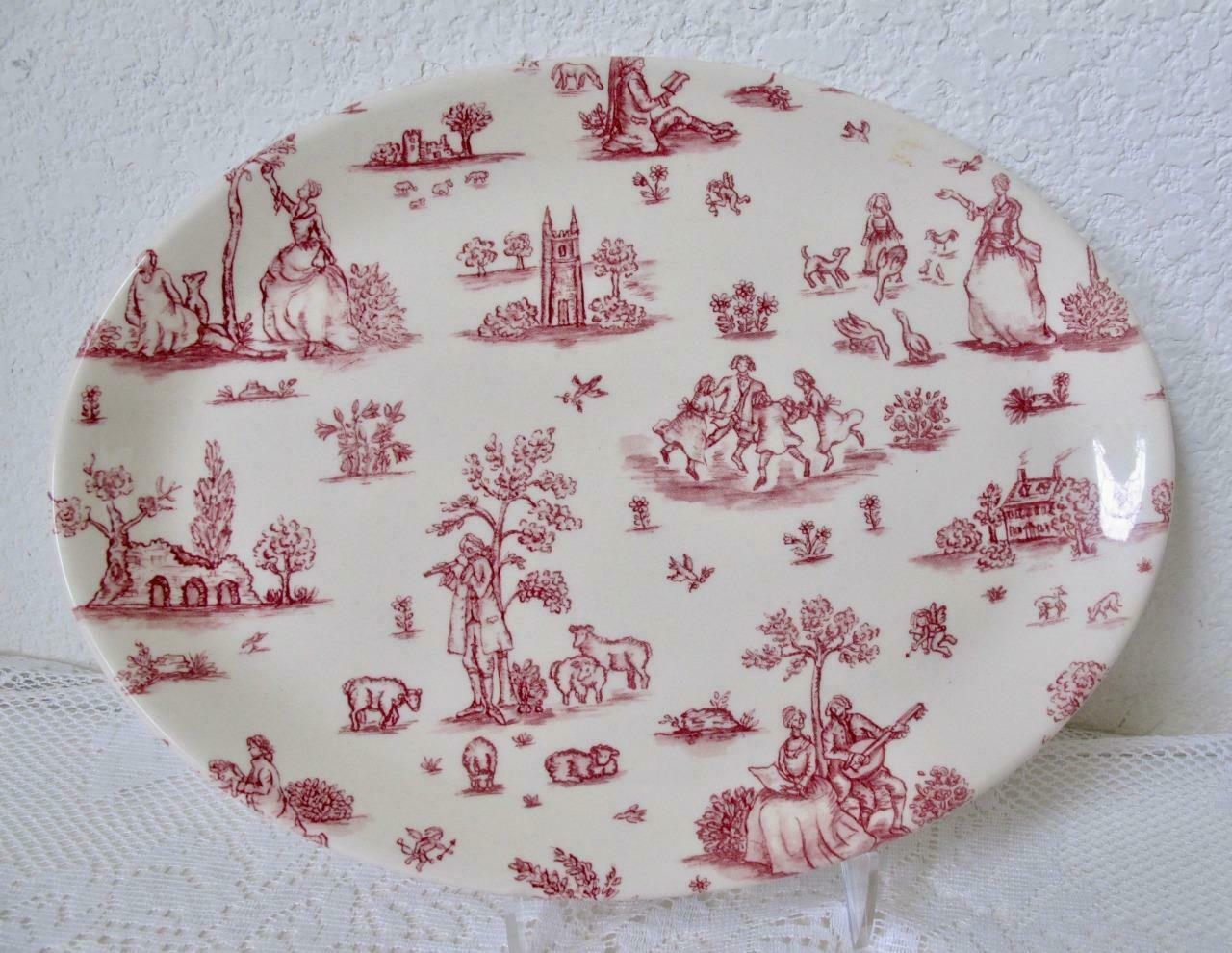 Wood & Sons Toille De Jouy Pink / Red 12" Oval Serving Platter England Toile