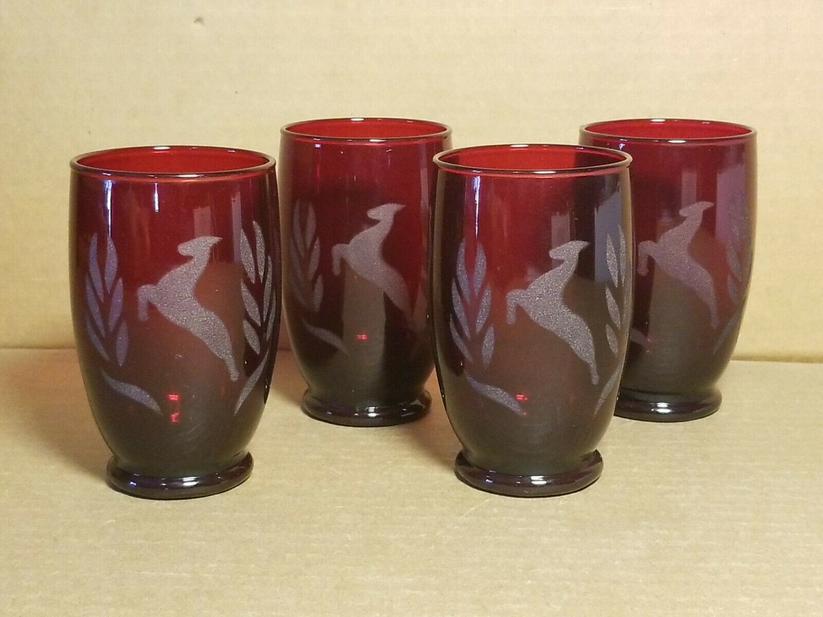 4 - Fire King Anchorglass Ruby Deer Etching Drinking Glasses Tumblers Roly Poly