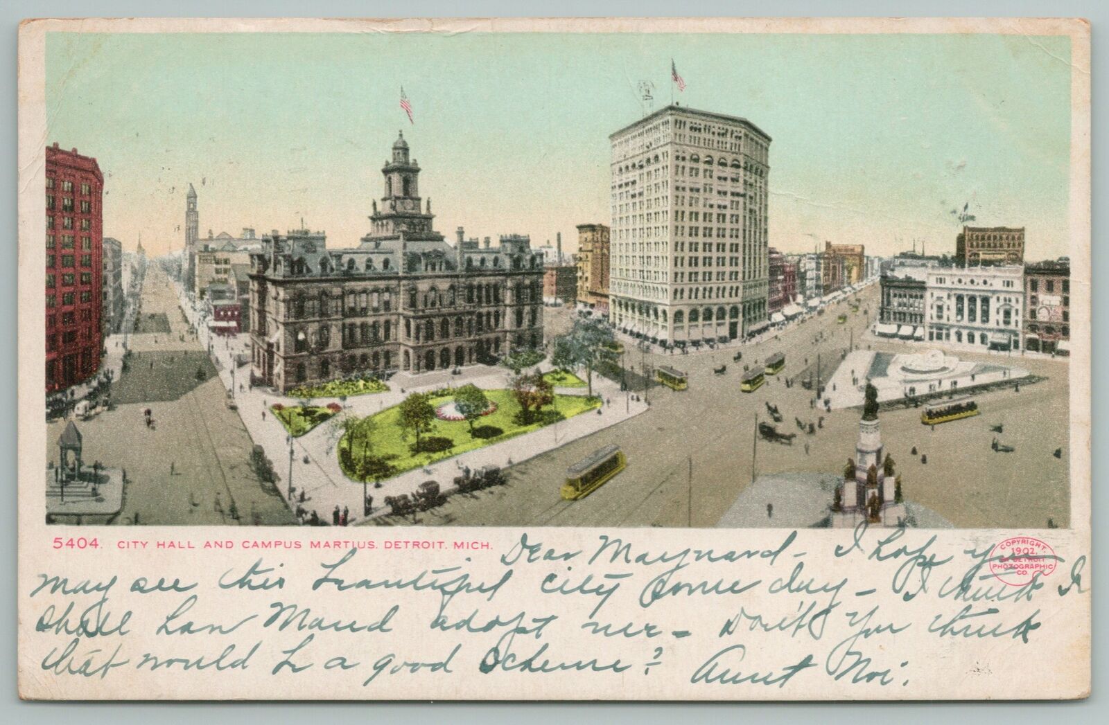 Detroit Michigan~aerial View Of City Hall~campus Martius~vintage Postcard