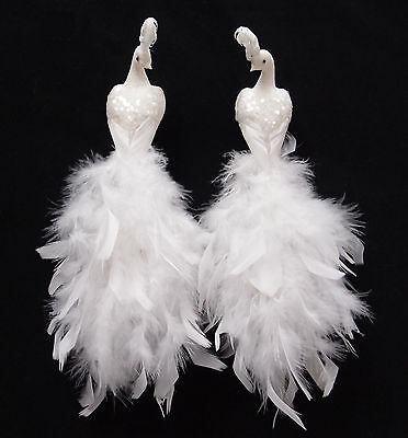 11 Inch White Feather/glitter Peacock Bird, Handmade, Clip-on, Set Of 2