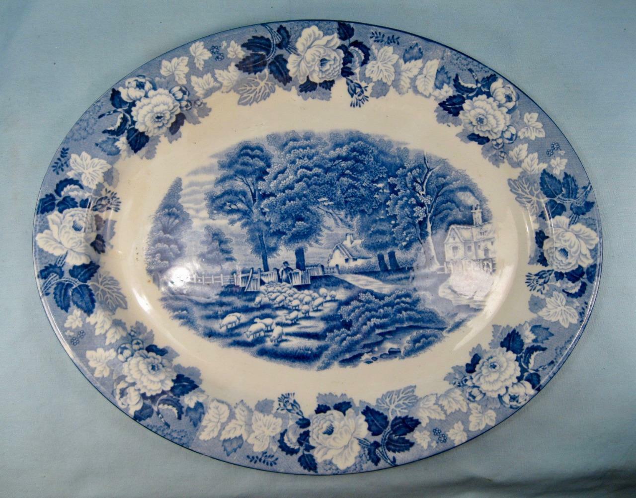 English Scenery Blue 12 Inch Oval Serving Platter By Wood & Sons (o2) As Is #1