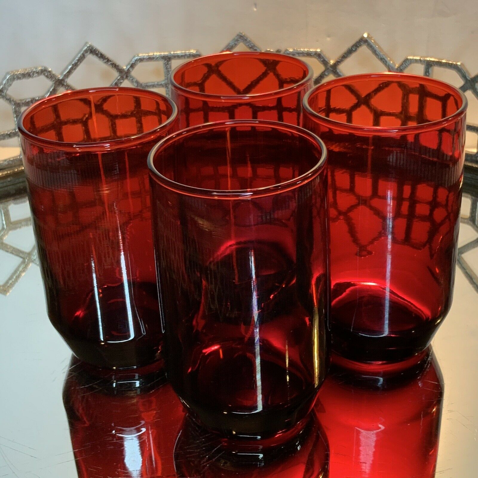 Anchor Hocking Juice Glass Ruby Red Set 4 Vintage 3 1/2 Inch Tumblers #el4