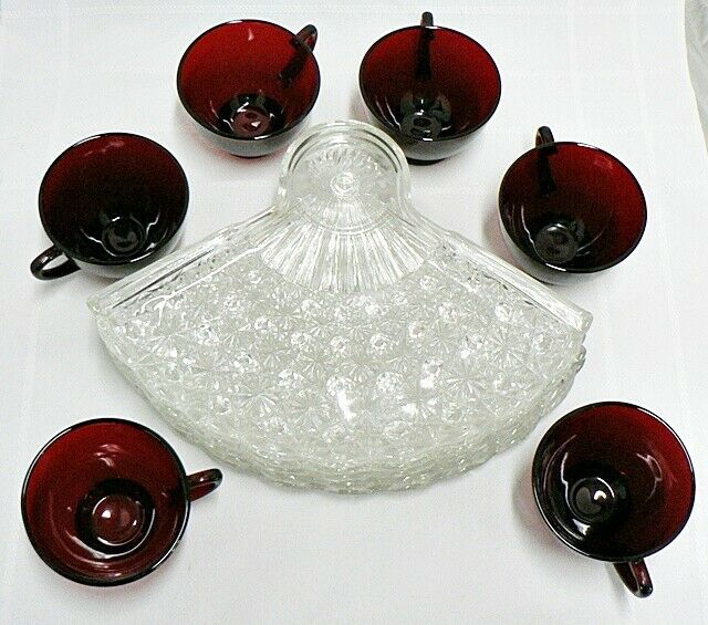 Set Of 6 Fan Shape Snack Plates With Ruby Red Cups