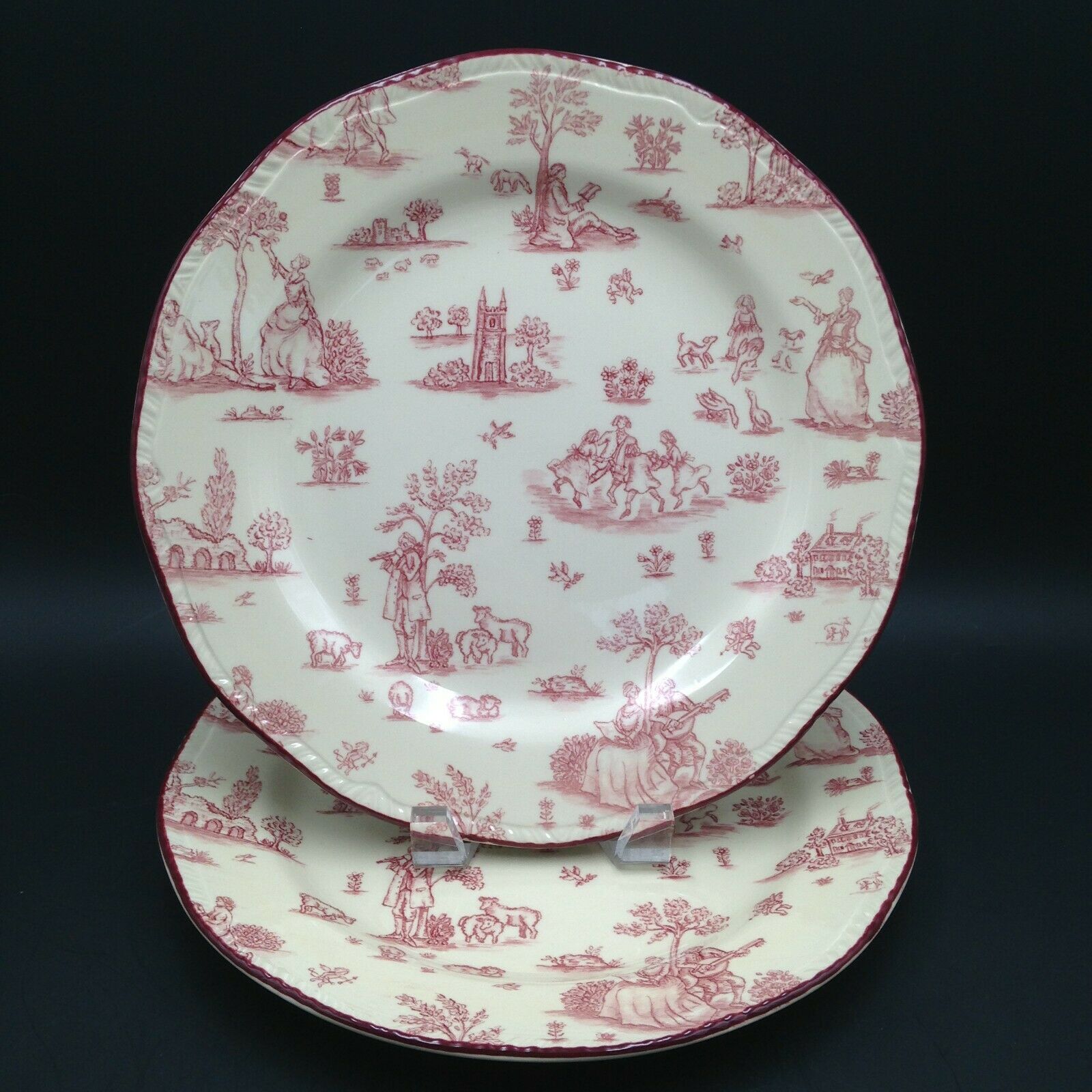 Wood And Sons English Pink Red Toile Transferware 11 Inch Dinner Plates Set Of 2