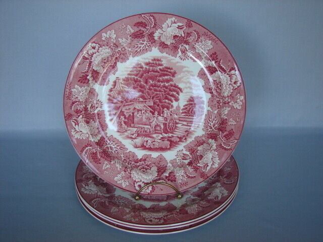 Set Of 4 Wood & Sons Woods Ware Pink English Scenery 10" Dinner Plates