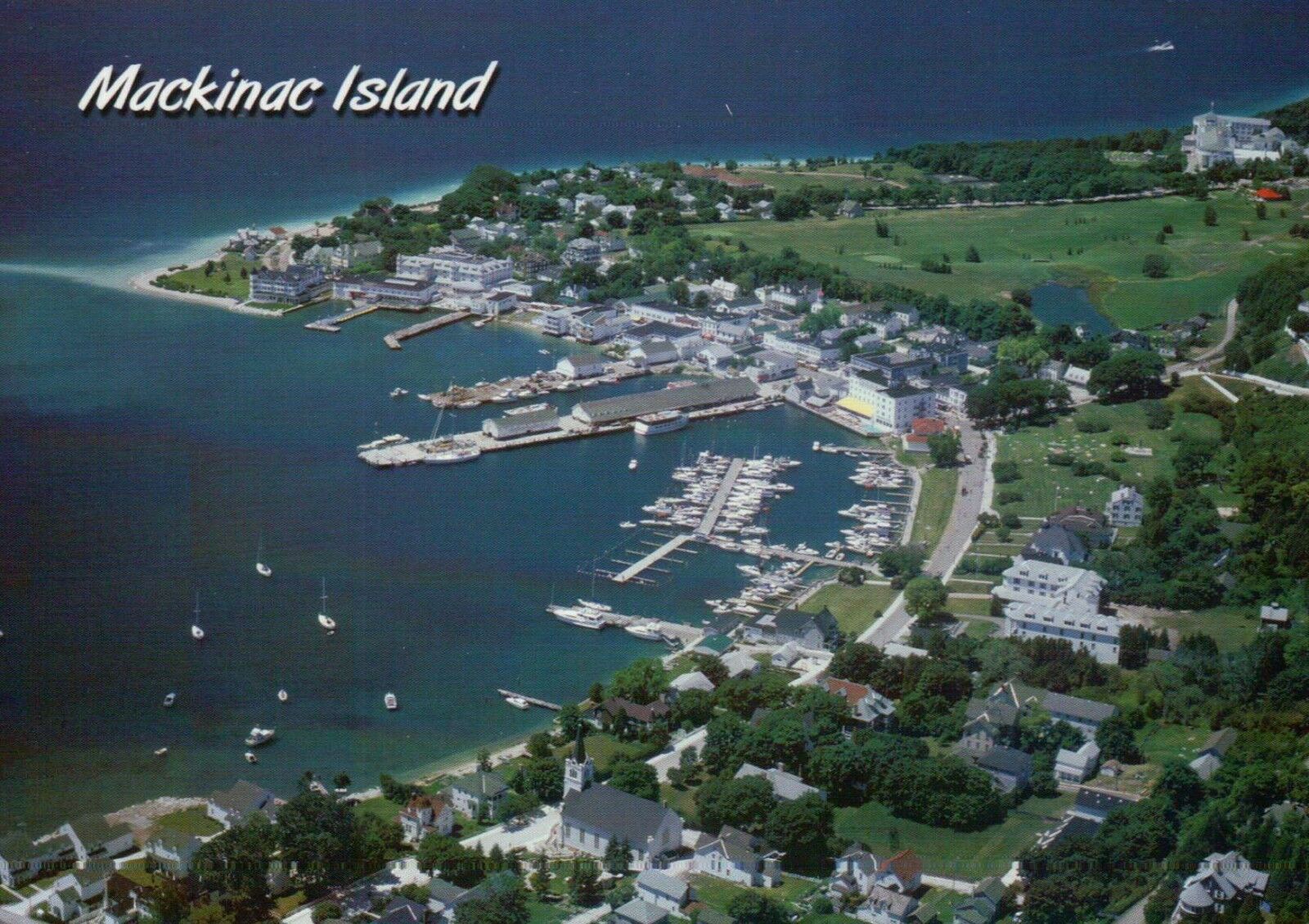 Aerial View Of Mackinac Island, Harbor, Main Street, Michigan, Mi --- Postcard