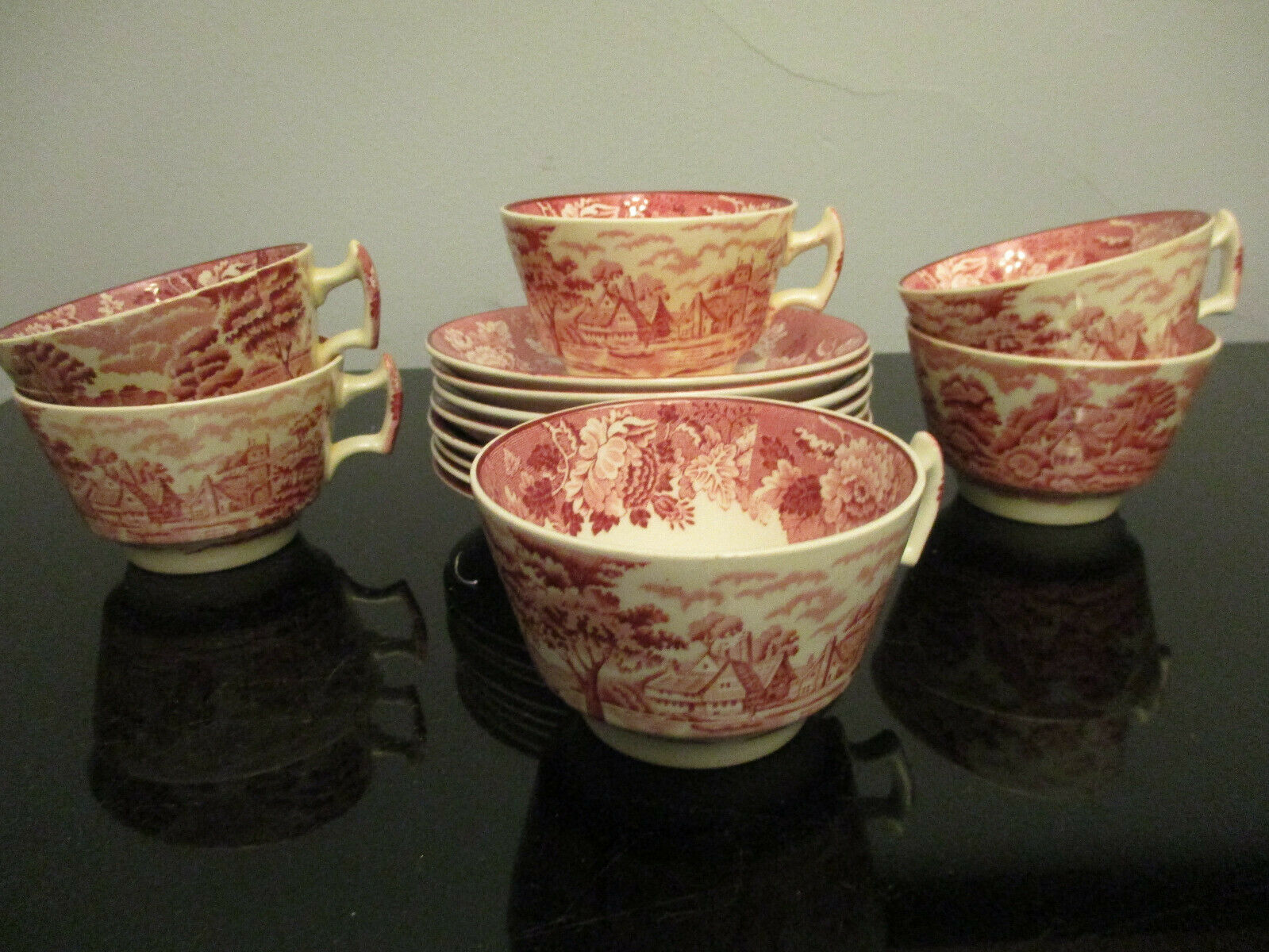6 Enoch Woods Ware English Scenery Red Pink Transfer Ware Cups Saucers!