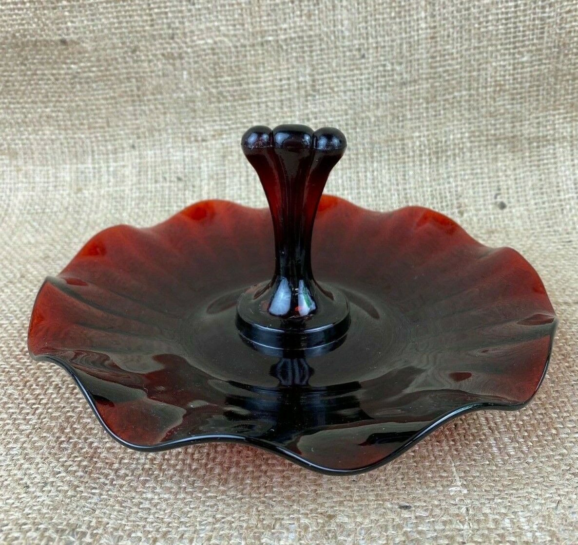 Anchor Hocking Ruby Red Ruffled Rim Shallow Bowl With Center Handle