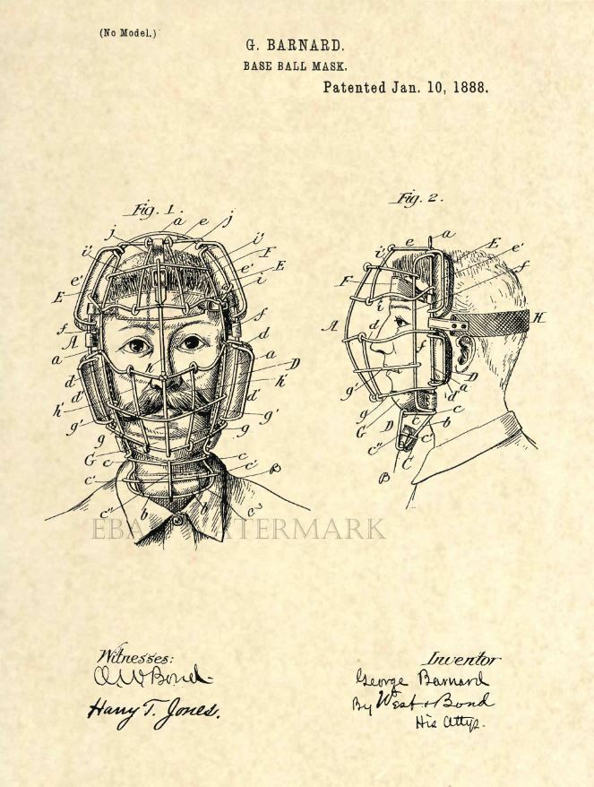 Official Baseball Catcher Mask Us Patent Art Print - 1888 Umpire  - Vintage 18