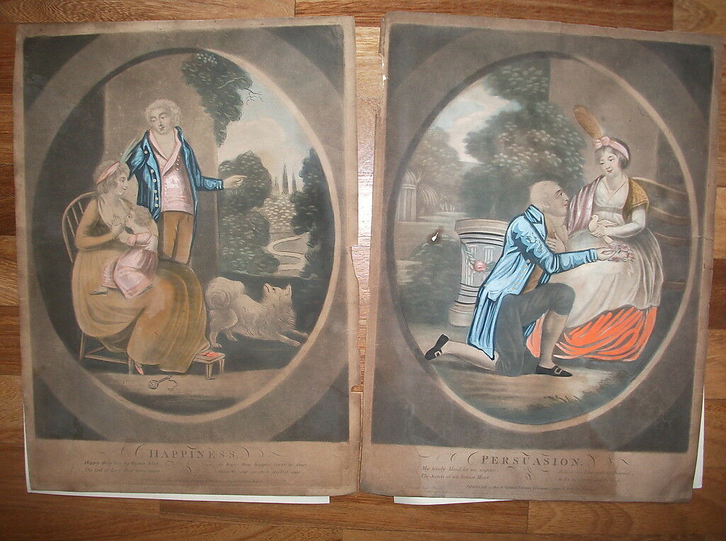Persuasion And Felicita' Pair Of Aquatinte 1803 Colour D'epoca.matrimonio