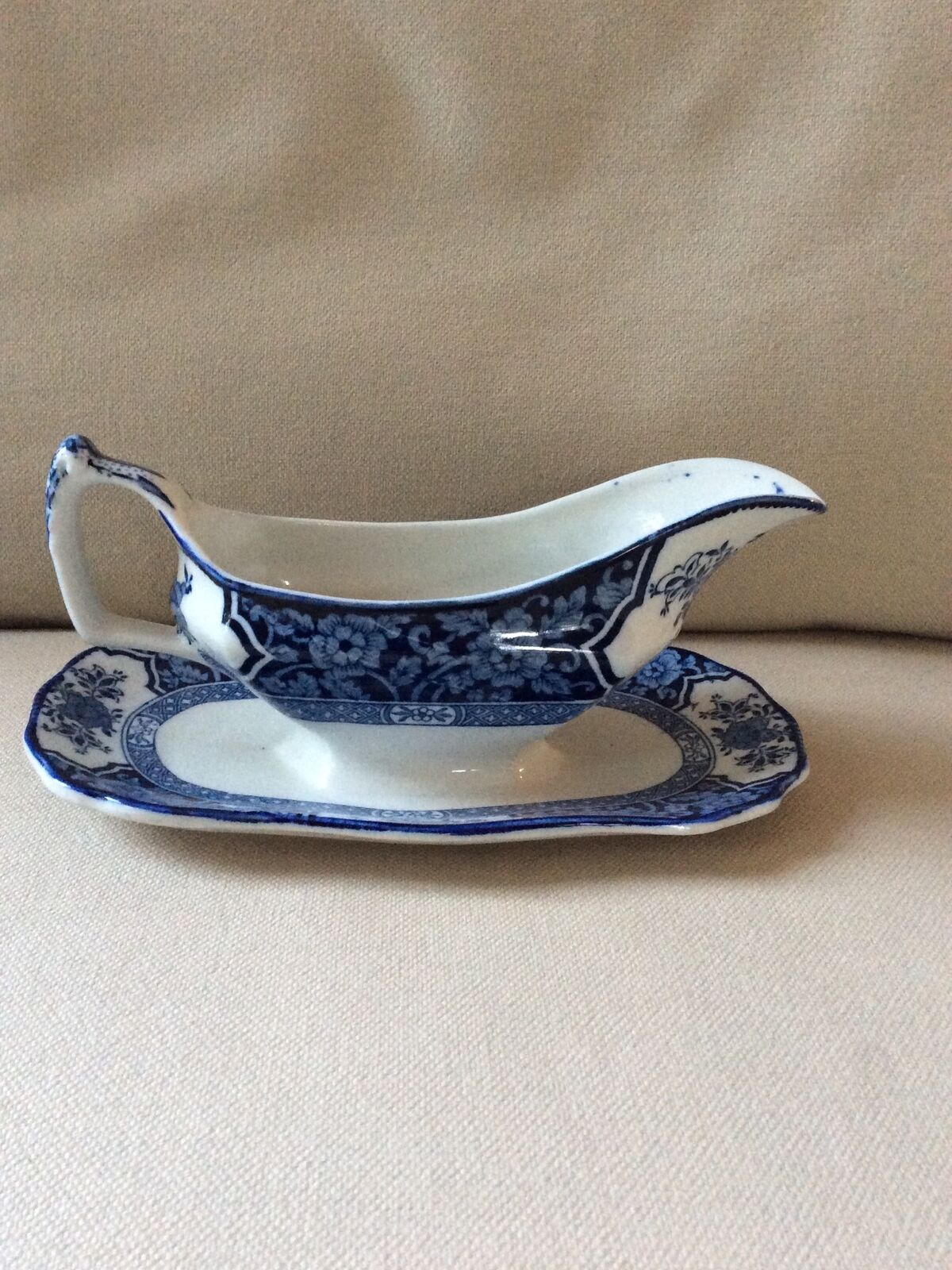 Vintage Wood & Sons Staffordshire Blue Khotan Gravy Boat With Underplate
