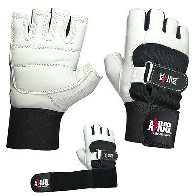 Buka Weight Lifting Gym Gloves Body Building Workout Cowhide Leather New White
