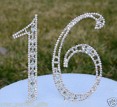 Large Rhinestone Silver Crystal Sweet Sixteen 16 Birthday Number Cake Topper