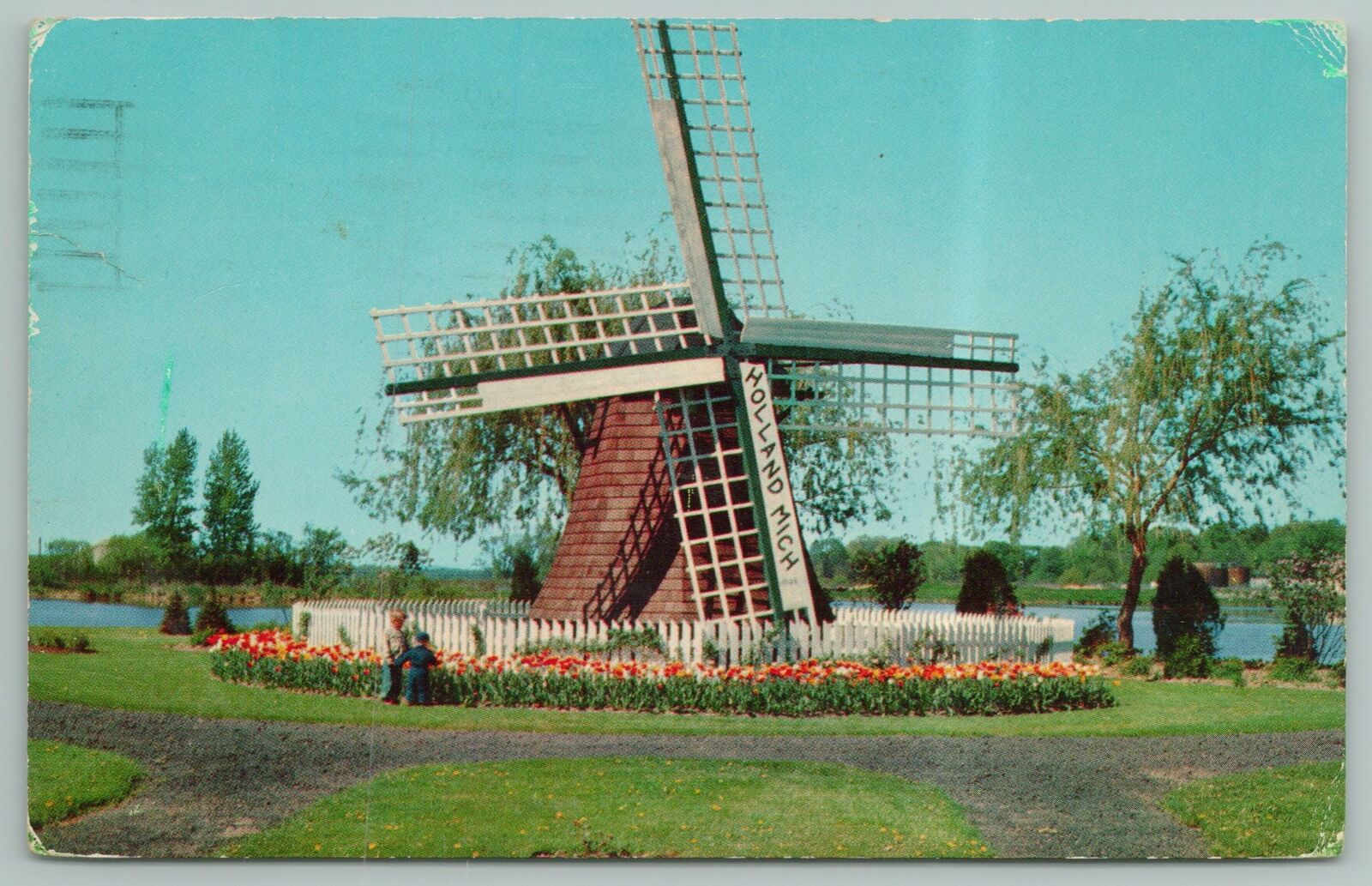 Holland Mi~windmill Park~dutch Windmill~tulips Surround~vintage Pc
