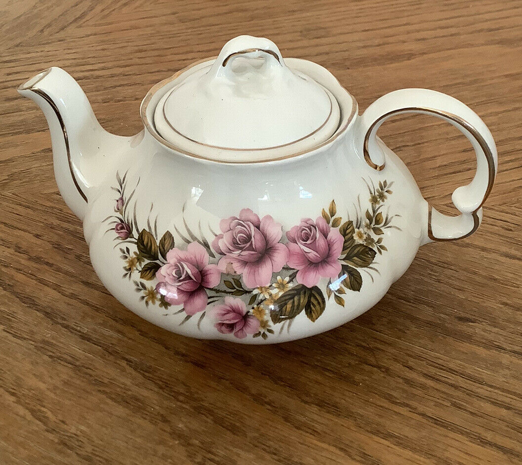 Vintage Ellgreave Wood & Sons Genuine Ironstone Pink Roses Teapot With Gold Trim